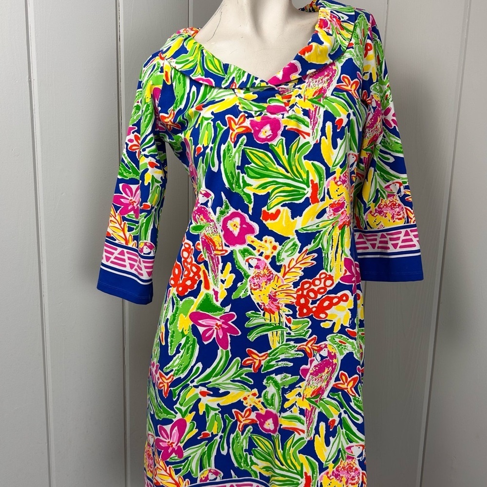 Barbara Erickson Tropical Parrot Print Dress 3/4 Sleeve Resort Shift small - Picture 5 of 7